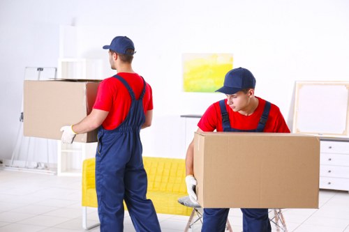 Moving boxes and furniture prepared for a London removal